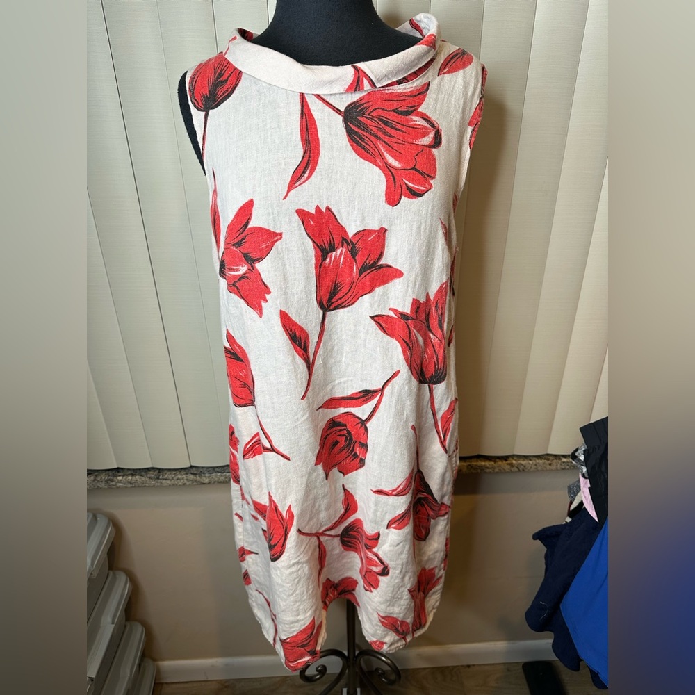 Lina Tomei 100% Linen Beige Red Floral Print-Wider Folded Collar Dress Size XL
